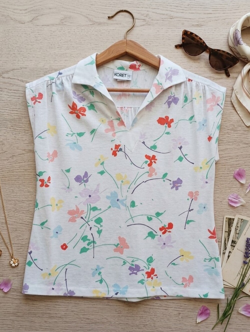 Vintage Koret Floral V-Neck Cap Sleeve Collared Blouse Top White Size Large L
